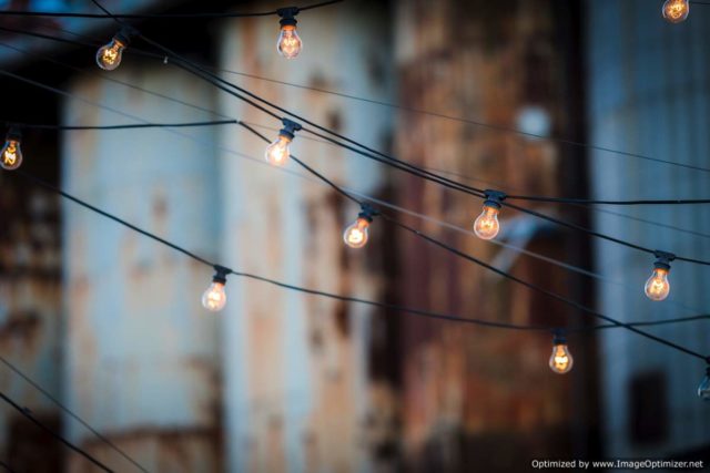 IMAGE: Strings of lights on a rooftop bar