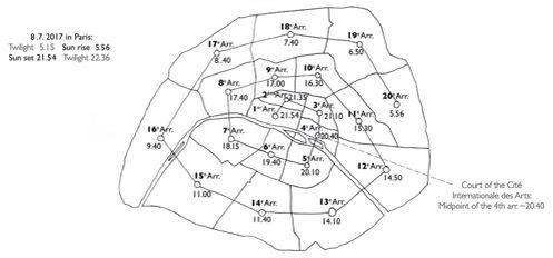 IMAGE: Map of Paris showing the designated time to arrive in each one of the 20 arrondissements