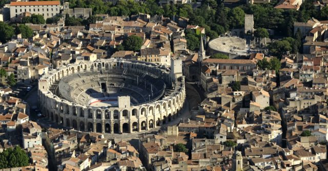 IMAGE: Aerial view of Arles showing the two-tiered Roman amphitheatre 