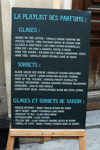 IMAGE: Sign showing the 'Playlist des Parfumes' outside Glaces Glazed in the rue des Martyrs