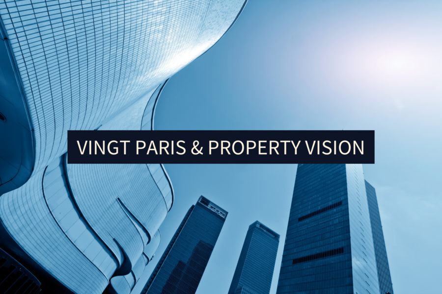 Skyscrapers against a blue sky with the title Vingt Paris and Property Vision